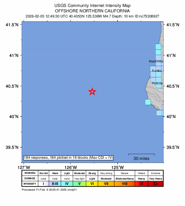 USGS DYFI community-reported intensity map for the M4.7 earthquake near 107 km W of Petrolia, CA