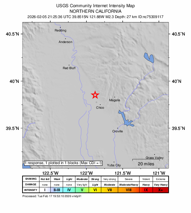 USGS DYFI community-reported intensity map for the M2.3 earthquake near 13 km NNW of Chico, CA