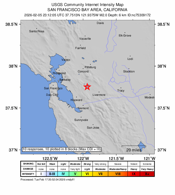 USGS DYFI community-reported intensity map for the M2.0 earthquake near 5 km SE of San Ramon, CA