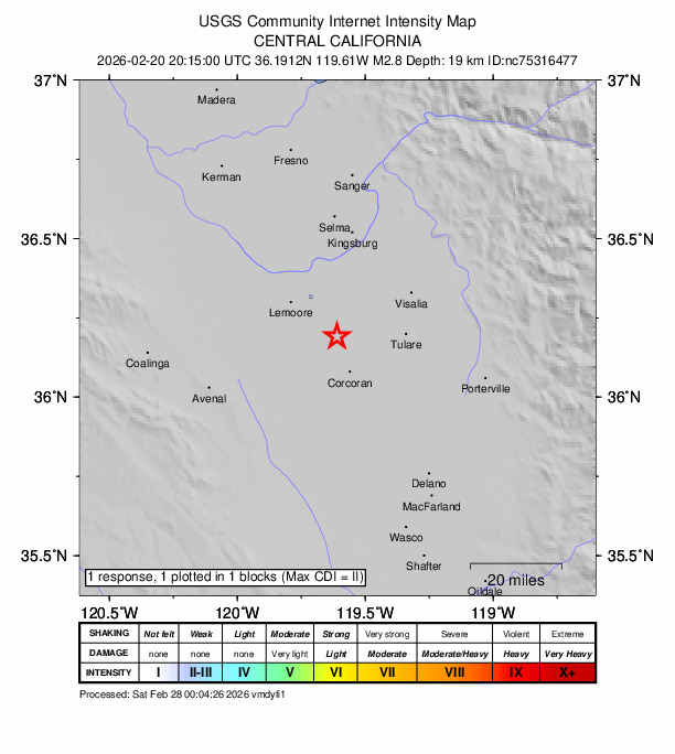 USGS DYFI community-reported intensity map for the M2.8 earthquake near 11 km NNW of Corcoran, CA