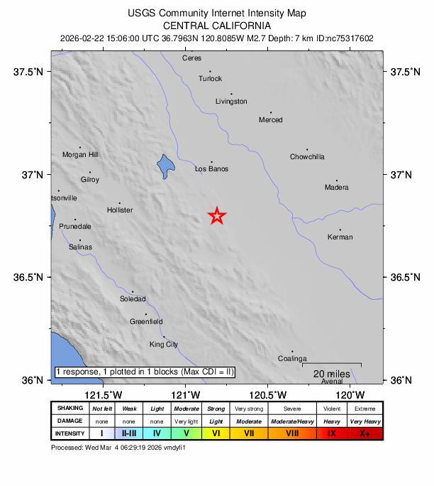USGS DYFI community-reported intensity map for the M2.7 earthquake near 23 km SW of South Dos Palos, CA
