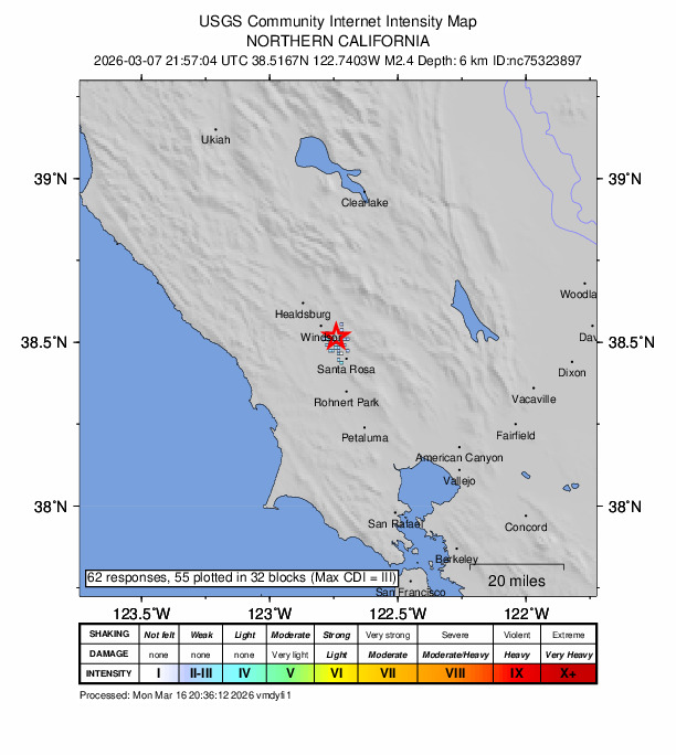 USGS DYFI community-reported intensity map for the M2.4 earthquake near 1 km ENE of Larkfield-Wikiup, CA