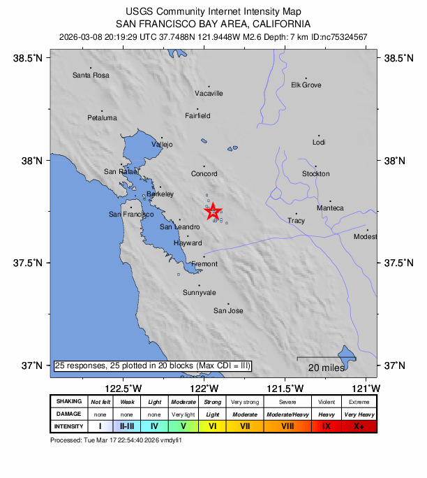 USGS DYFI community-reported intensity map for the M2.6 earthquake near 5 km SE of San Ramon, CA