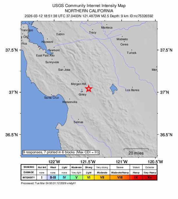 USGS DYFI community-reported intensity map for the M2.5 earthquake near 8 km ENE of Gilroy, CA