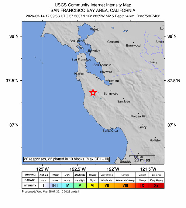 USGS DYFI community-reported intensity map for the M2.5 earthquake near 5 km WSW of Portola Valley, CA