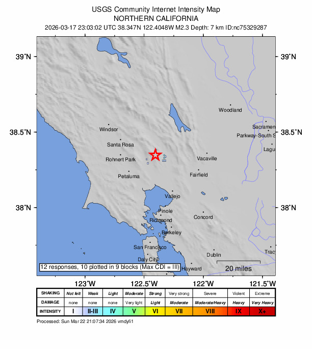 USGS DYFI community-reported intensity map for the M2.3 earthquake near 7 km SSW of Yountville, CA