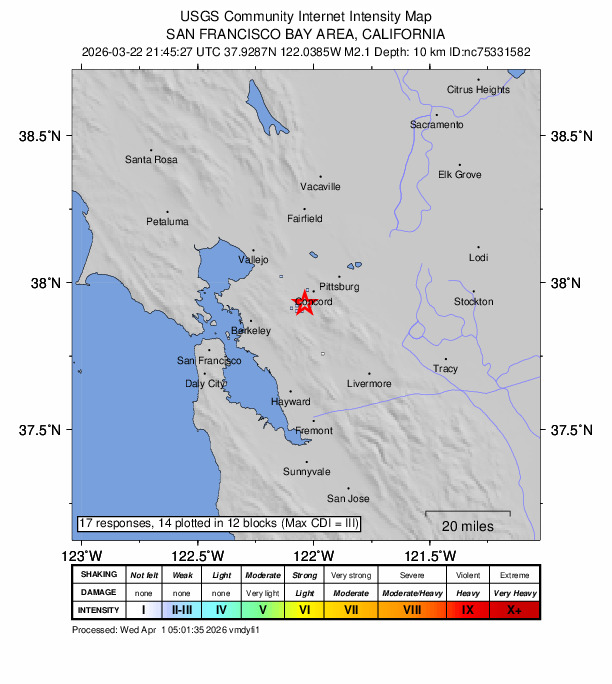 USGS DYFI community-reported intensity map for the M2.1 earthquake near 3 km SE of Pleasant Hill, CA