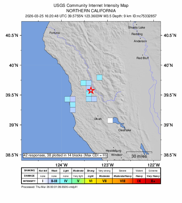 USGS DYFI community-reported intensity map for the M3.5 earthquake near 15 km N of Brooktrails, CA