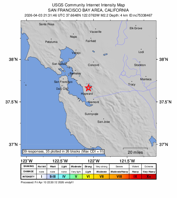 USGS DYFI community-reported intensity map for the M2.2 earthquake near 2 km N of Hayward, CA