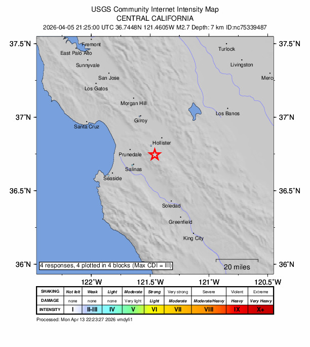 USGS DYFI community-reported intensity map for the M2.7 earthquake near 11 km SW of Ridgemark, CA