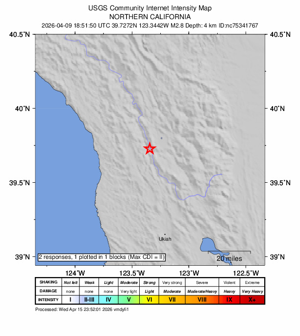 USGS DYFI community-reported intensity map for the M2.8 earthquake near 11 km SW of Covelo, CA