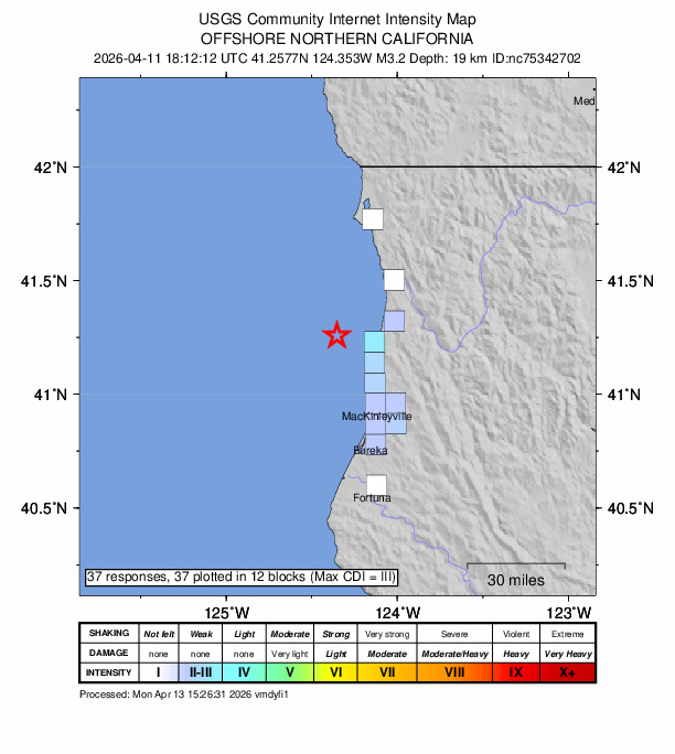 USGS DYFI community-reported intensity map for the M3.2 earthquake near 28 km NW of Trinidad, CA
