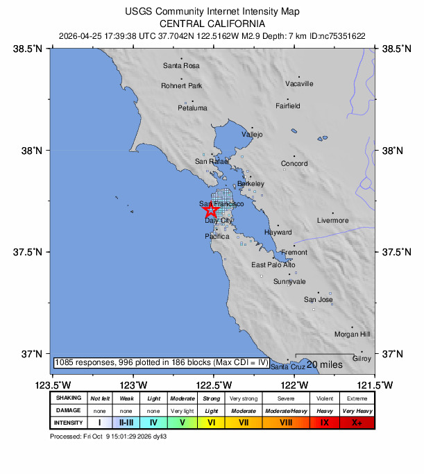 USGS DYFI community-reported intensity map for the M2.9 earthquake near 3 km SSW of San Francisco Zoo, CA