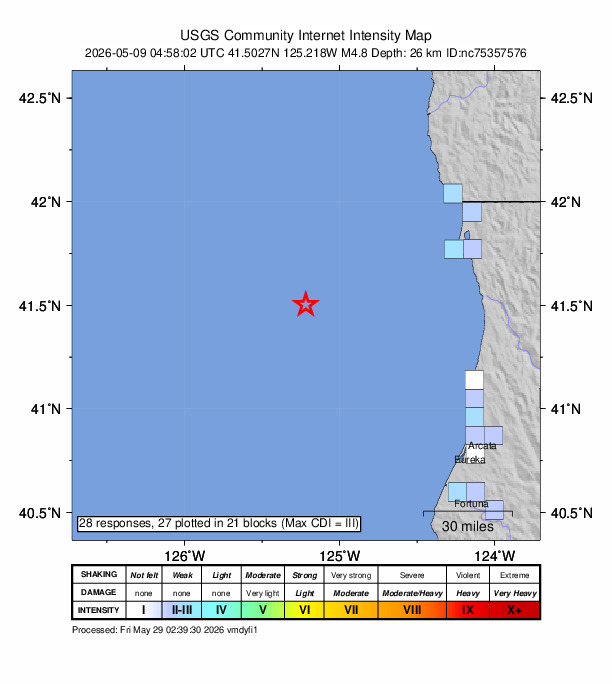 USGS DYFI community-reported intensity map for the M4.8 earthquake near 89 km WSW of Crescent City, CA