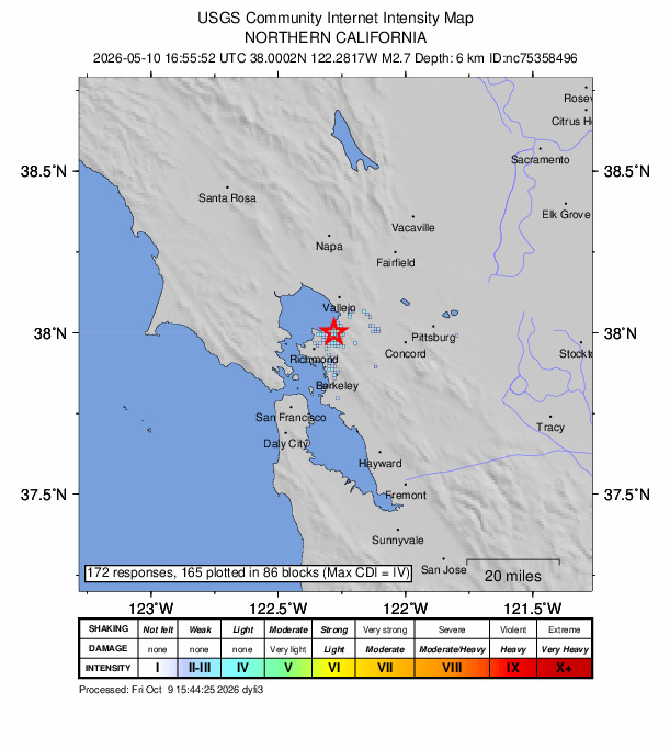 USGS DYFI community-reported intensity map for the M2.7 earthquake near 2 km ESE of Pinole, CA