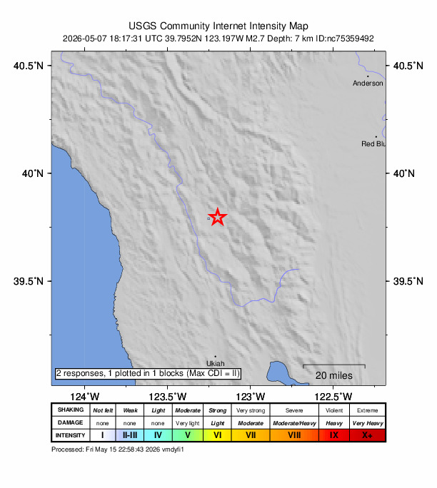 USGS DYFI community-reported intensity map for the M2.7 earthquake near 4 km E of Covelo, CA