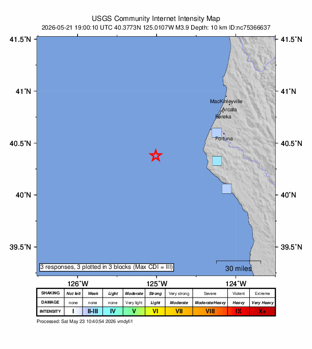 USGS DYFI community-reported intensity map for the M3.9 earthquake near 62 km W of Petrolia, CA