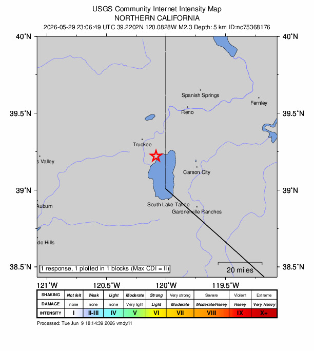 USGS DYFI community-reported intensity map for the M2.3 earthquake near 4 km SW of Tahoe Vista, CA