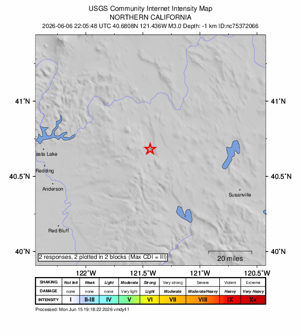 USGS DYFI community-reported intensity map for the M3.0 earthquake near 27 km NE of Viola, CA