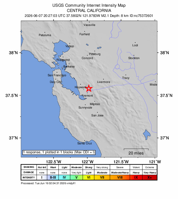 USGS DYFI community-reported intensity map for the M2.1 earthquake near 4 km ESE of Union City, CA