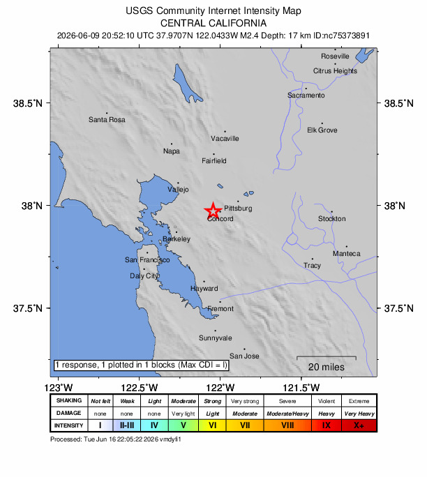 USGS DYFI community-reported intensity map for the M2.4 earthquake near 2 km W of Concord, CA