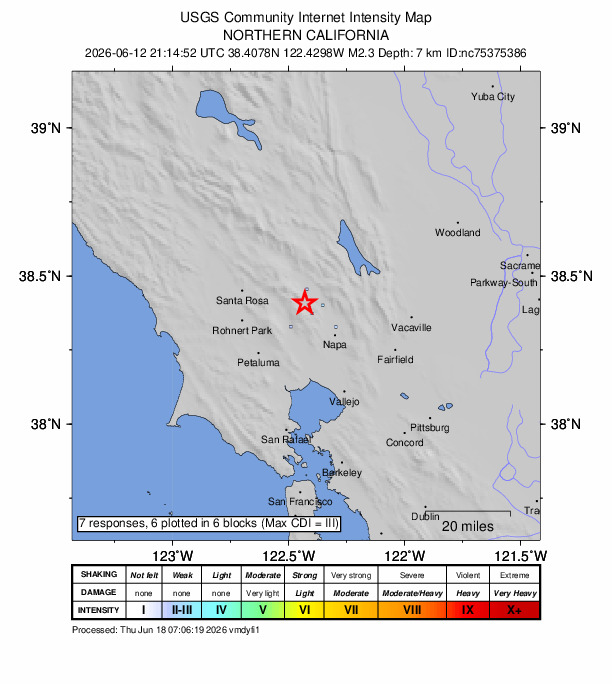 USGS DYFI community-reported intensity map for the M2.3 earthquake near 6 km W of Yountville, CA