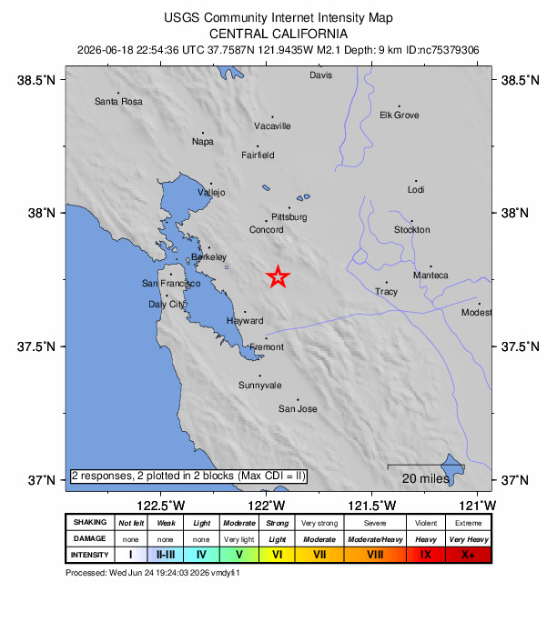 USGS DYFI community-reported intensity map for the M2.1 earthquake near 4 km SE of San Ramon, CA