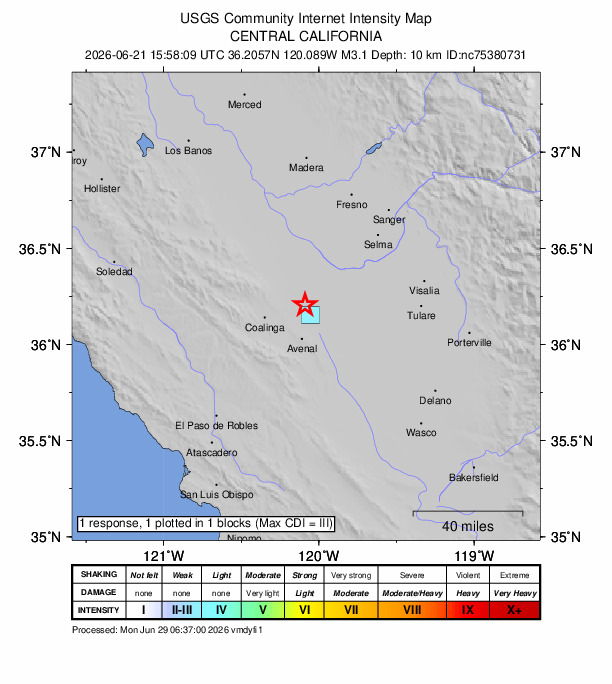 USGS DYFI community-reported intensity map for the M3.1 earthquake near 1 km ENE of Huron, CA