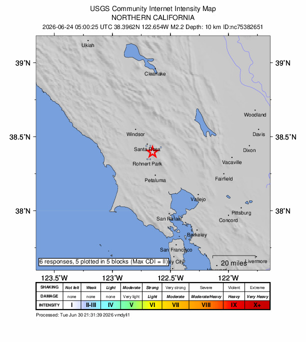 USGS DYFI community-reported intensity map for the M2.2 earthquake near 7 km ESE of Roseland, CA