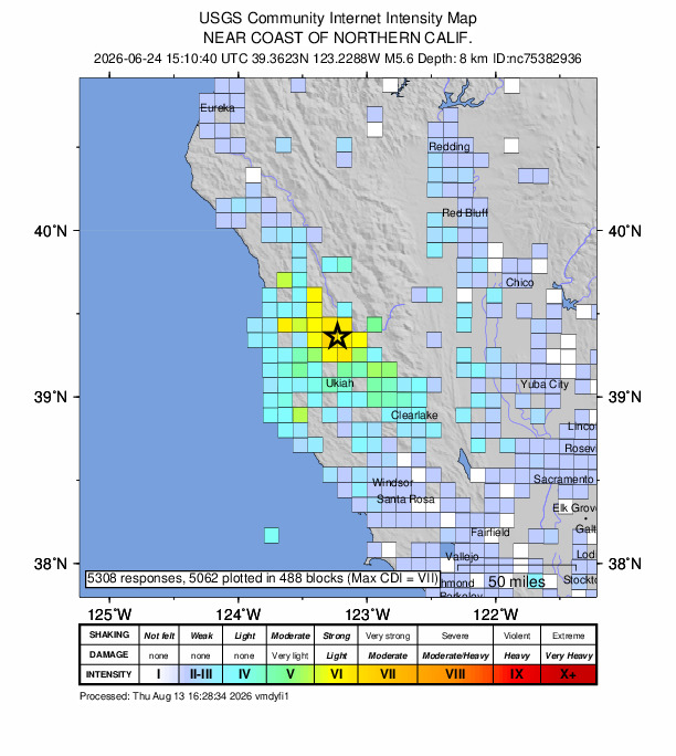 USGS DYFI community-reported intensity map for the M5.6 earthquake near 11 km N of Redwood Valley, CA