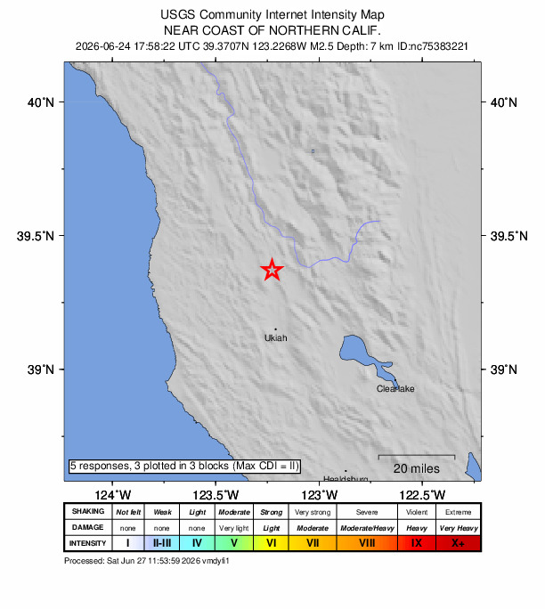 USGS DYFI community-reported intensity map for the M2.5 earthquake near 12 km N of Redwood Valley, CA