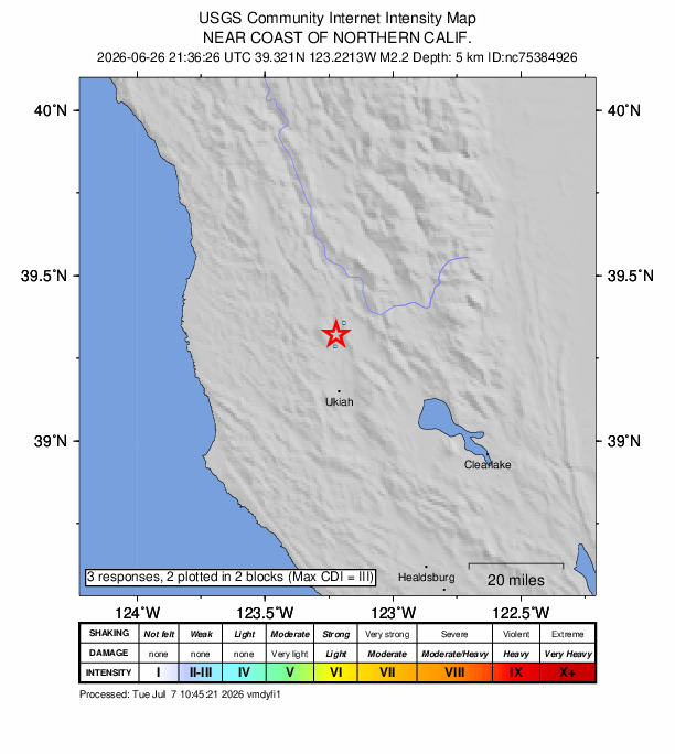 USGS DYFI community-reported intensity map for the M2.2 earthquake near 6 km NNW of Redwood Valley, CA