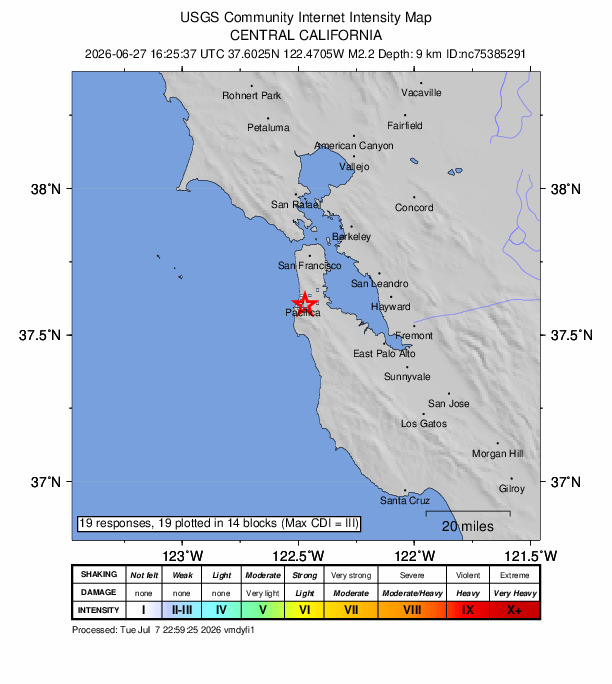 USGS DYFI community-reported intensity map for the M2.3 earthquake near 2 km SE of Pacifica, CA