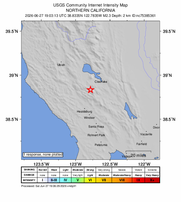 USGS DYFI community-reported intensity map for the M2.3 earthquake near 5 km WNW of Cobb, CA
