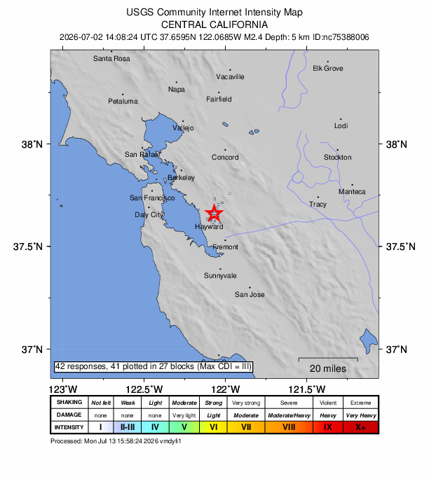 USGS DYFI community-reported intensity map for the M2.4 earthquake near 2 km NNE of Hayward, CA