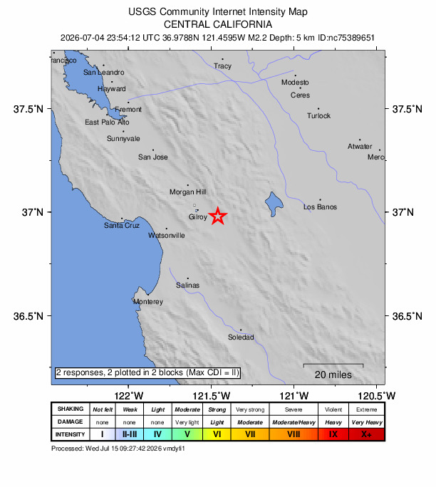 USGS DYFI community-reported intensity map for the M2.2 earthquake near 10 km ESE of Gilroy, CA