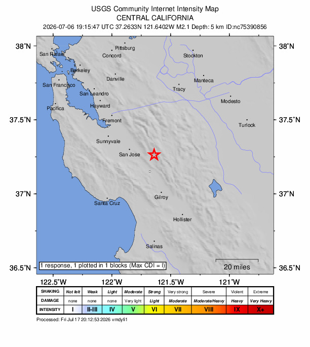 USGS DYFI community-reported intensity map for the M2.1 earthquake near 15 km N of Morgan Hill, CA