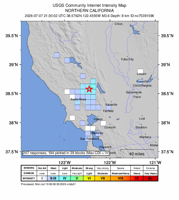 USGS DYFI community-reported intensity map for the M3.6 earthquake near 0 km W of Angwin, CA