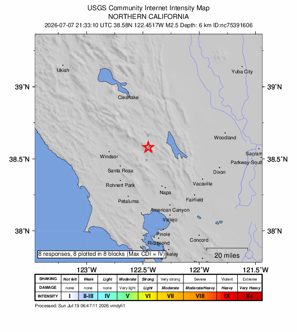 USGS DYFI community-reported intensity map for the M2.5 earthquake near 0 km NNW of Angwin, CA