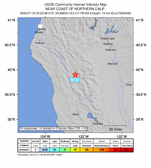 USGS DYFI community-reported intensity map for the M3.8 earthquake near 12 km NNE of Covelo, CA