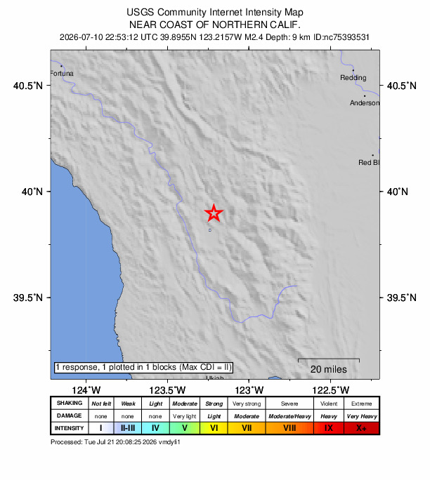 USGS DYFI community-reported intensity map for the M2.4 earthquake near 12 km NNE of Covelo, CA