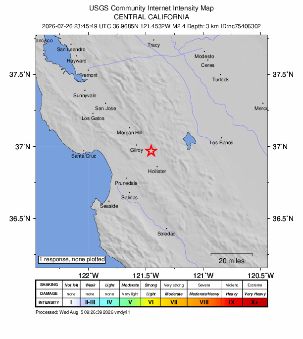 USGS DYFI community-reported intensity map for the M2.4 earthquake near 11 km ESE of Gilroy, CA