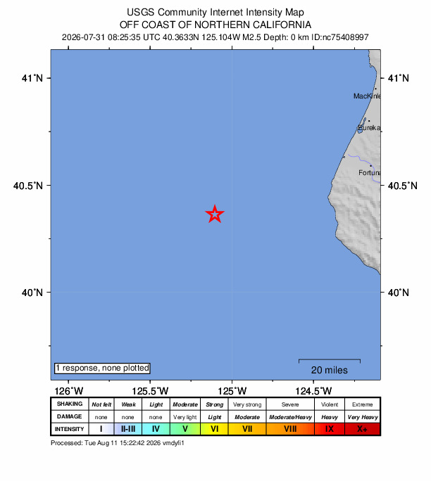 USGS DYFI community-reported intensity map for the M2.5 earthquake near 70 km W of Petrolia, CA