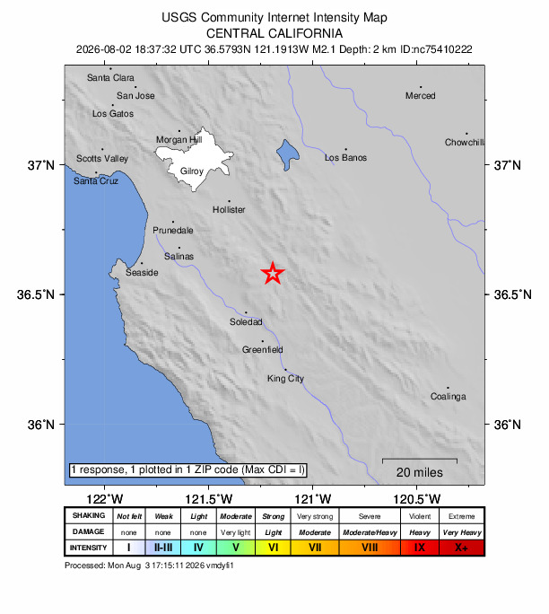 Did You Feel It? map: shaking reported by the public
