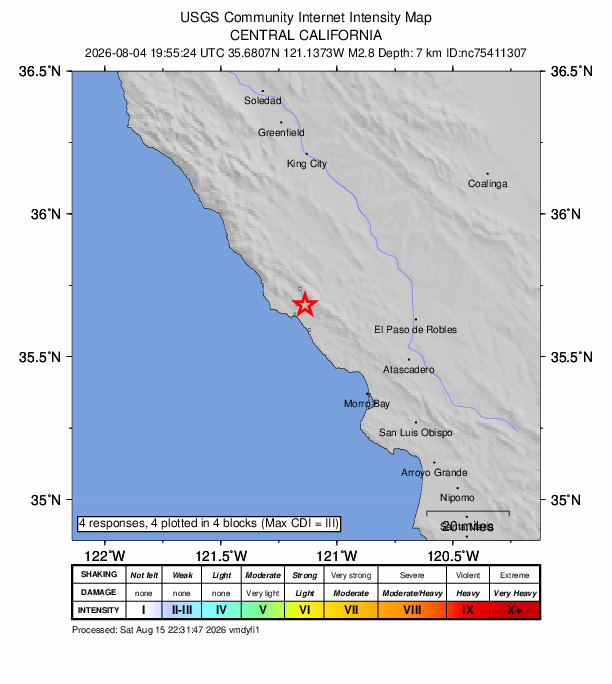 USGS DYFI community-reported intensity map for the M2.8 earthquake near 6 km NE of San Simeon, CA