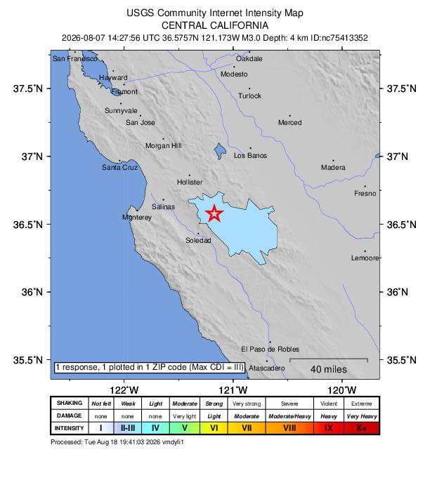 Did You Feel It? map: shaking reported by the public