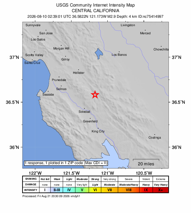 Did You Feel It? map: shaking reported by the public