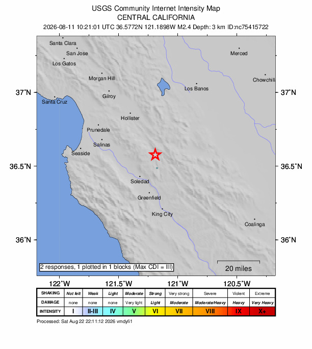 USGS DYFI community-reported intensity map for the M2.4 earthquake near 7 km NW of Pinnacles, CA
