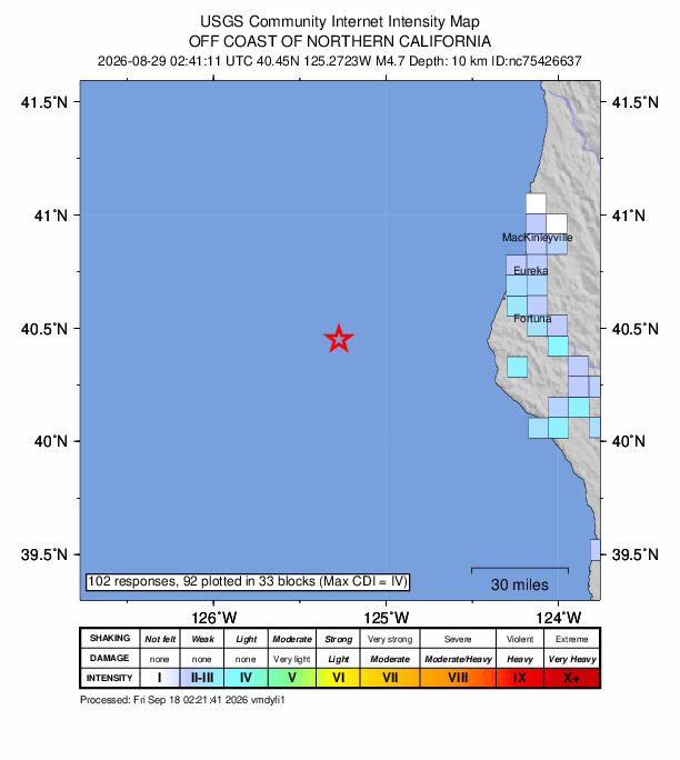 USGS DYFI community-reported intensity map for the M4.7 earthquake near 85 km W of Petrolia, CA