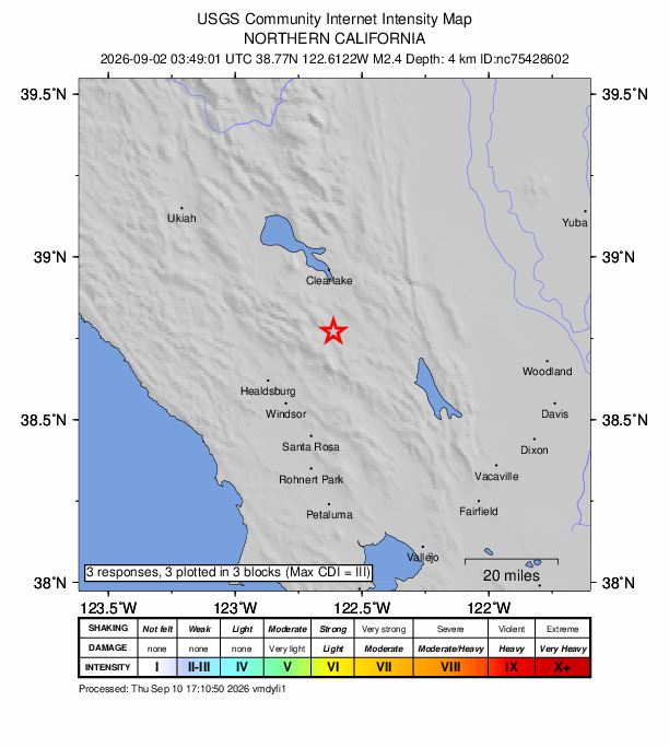USGS DYFI community-reported intensity map for the M2.4 earthquake near 2 km N of Middletown, CA